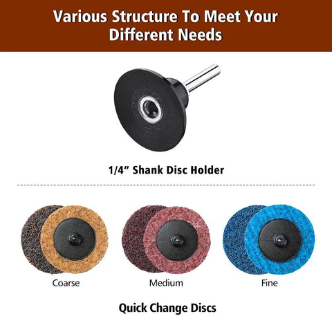 Sanding disc kit with coarse, medium, fine discs and 1/4'' shank holder displayed on white background.