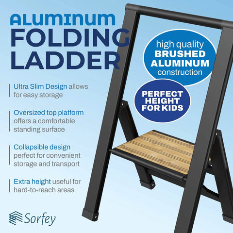 One Step Folding Ladder For Home Office Kitchen And Studio Use Ultra Slim Bamboo And Black Aluminum Step Stool With Anti Slip Treads