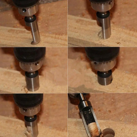 Premium Carpenter Grade 8 Piece Titanium Coated Wood Plug Cutter Drill Bit Set 1/4 3/8 1/2 5/8 Inch shown cutting into wood.