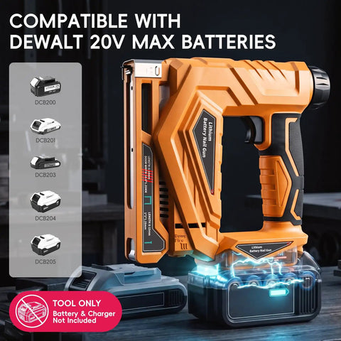 Badass Three In One Cordless Staple Gun And Brad Nailer Hella Versatile Power Tool, showcasing battery compatibility with DeWalt 20V.