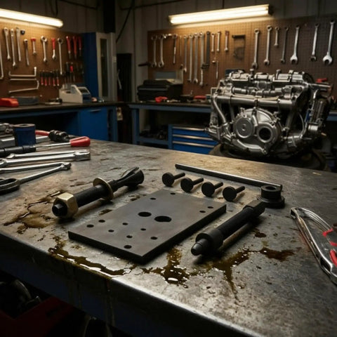 Pro Heavy Duty Motorcycle Engine Camshaft Bearing Removal And Install Tool Kit Heavy Steel Construction Helping Garage Guys Crush Hardest Job Sites With Complete Service Kit Plate And Rod Adapter Parts For Quick Fixes Anytime on workbench, black steel plate and rods