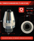 Damaged Bolt And Stud Extractor Tool For 1/4 To 1/2 Inch Studs With 3/8 Drive showing dimensions and jaw details on a black background.