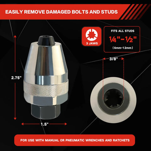 Damaged Bolt And Stud Extractor Tool For 1/4 To 1/2 Inch Studs With 3/8 Drive showing dimensions and jaw details on a black background.