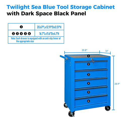 Heavy Duty 20 Inch Rolling Tool Chest Featuring 5 Slick Ball Bearing Drawers Rock Solid 360 Swivel Casters Scratch Proof Steel Work Top Blue Garage Organizer with dark panel
