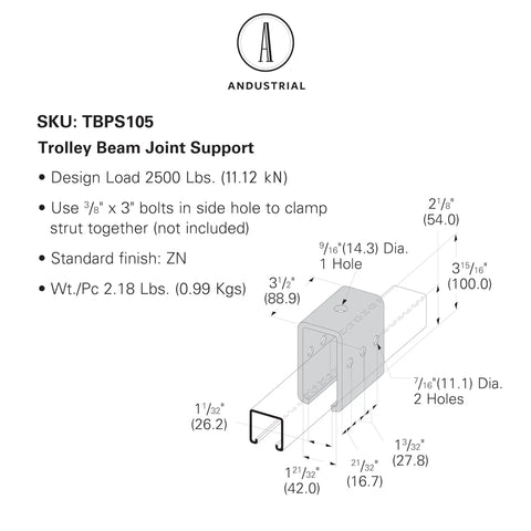 Technical drawing of Beefy Beam Channel Trolley Track Hanger And Joiner Connector Bracket For One And Five Eighths Inch Width Strut