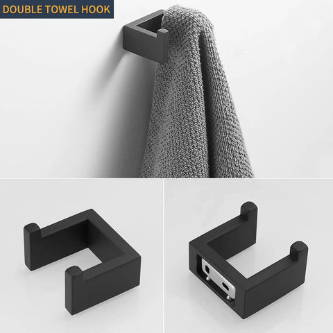 4 Piece Bathroom Accessories Set For Wall Mounted Use Includes 23.6 Inch Towel Bar 8.3 Inch Hand Towel Ring Toilet Paper Holder And Double Hooks With Matte Black Stainless Steel showing double towel hook holding grey towel