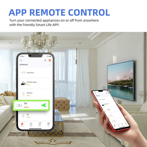 Smart Plug 15A WiFi Outlet Works With Alexa And Google Assistant, app remote control on phone in living room scene