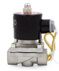 Side view of Amazon 1/2-inch stainless steel electric solenoid valve with black coil and yellow wiring