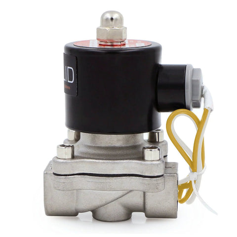 Side view of Amazon 1/2-inch stainless steel electric solenoid valve with black coil and yellow wiring