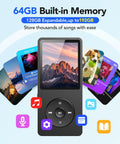 64GB MP3 Player With 65 Hours Of Battery Life Ultra Lightweight Pocket Sized Music Player showing built-in memory feature