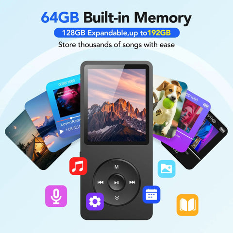64GB MP3 Player With 65 Hours Of Battery Life Ultra Lightweight Pocket Sized Music Player showing built-in memory feature