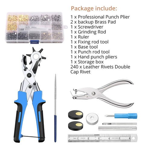 Leather Hole Punch Set With 240 Rivets, Heavy Duty Punch Plier And Belt Hole Puncher, tools and accessories displayed