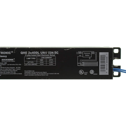 Close-up of Quicktronic 2 Lamp T8 Fluorescent Ballast for Easy Setup, showing product label and specifications.