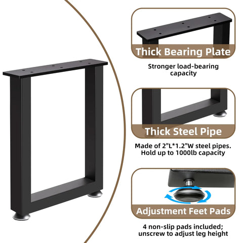 Top Shelf 16 Inch Metal Bench And Desk Legs Heavy Duty Furniture Feet With Adjustable Glides Black Steel Pipe Table Base Supports, featuring thick steel pipe and bearing plate.