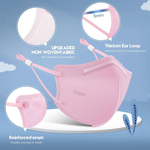 Kids KN95 Face Masks 50 Pack Five Layer Breathable Protection Multicolor Set With Adjustable Ear Loops in Pink Displayed