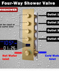 Four-way shower valve in brushed gold with LCD panel for temperature control, used in Straight Up Premium Dual Rain Shower System.
