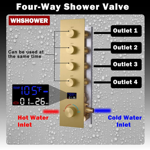 Four-way shower valve in brushed gold with LCD panel for temperature control, used in Straight Up Premium Dual Rain Shower System.
