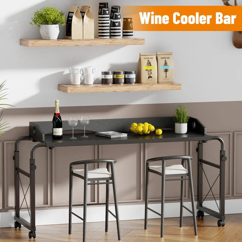 Super Handy Adjustable Laptop Desk For Bed With Wheels Overbed Table setup as wine cooler bar with shelves and bar stools