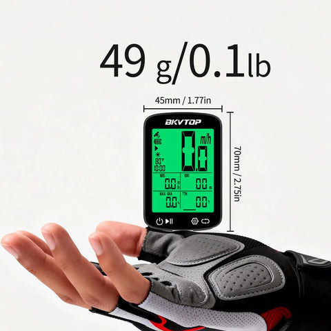 Cyclist hand holding GPS Bike Computer with Wireless Data Sync and Green Auto Backlight 2.4 Inch LCD Screen, IPX7 Waterproof.