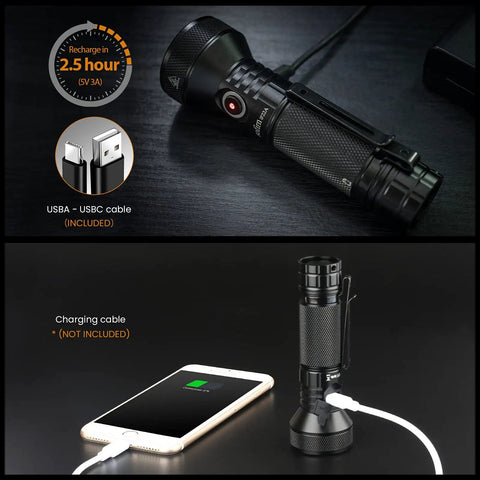 Rechargeable LED Flashlight With 2100 Lumen Output And 690 Meter Throw, showing USB-C charging compatibility and setup on a table.