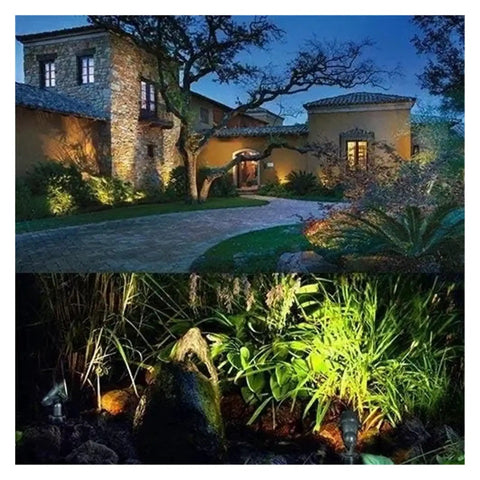Illuminated garden and house facade at night with strategic lighting highlighting plants and architectural features.