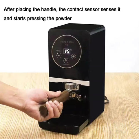Next Level Electric Coffee Tamper 58mm Semi Automatic Espresso Press With Smart Contact Sensor adjusting pressure on coffee grounds.