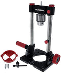 Beefy Pro Grade Portable Drill Press Drilling Guide with One Half Inch Chuck and Adjustable Tilt showing components and accessories.