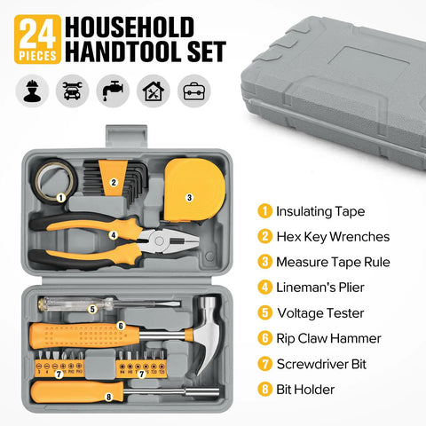 24 Piece Mini Tool Kit With Storage Box For Home DIY Office And Garage Yellow Ready To Roll Compact Hand Tool Set For Quick Fixes