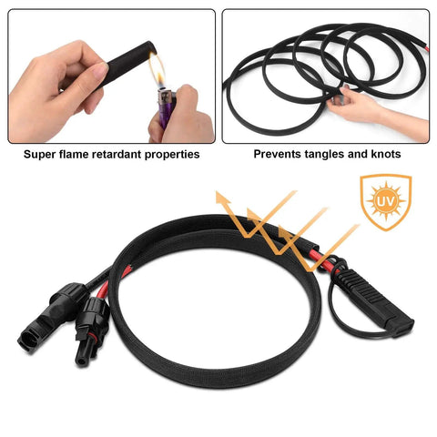 Two Foot Solar Panel Connector Cable With 10AWG SAE To Male And Female Adapters showing flame retardant and UV resistance features