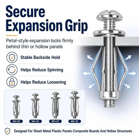Heavy Duty Expansion Screw Petal Nut Button Rivet Locking Fastener showing secure grip for sheet metal and plastic panels.