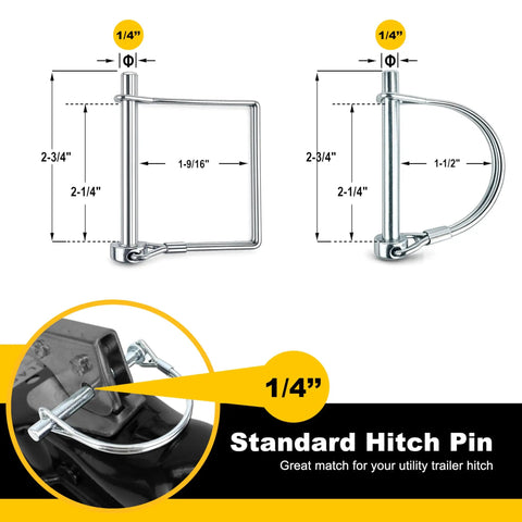 Diagram of 1/4 inch square and arch wire lock pins from 12 Piece Trailer Hitch Pin Assortment Set With 1/4 And 5/16 Inch Square And Arch Wire Lock Pins, Zinc Plated Carbon Steel Safety Pins For PTO Farm Mower Boat Trailer Couplers, Durable Tow Gear For Every Tow Job.