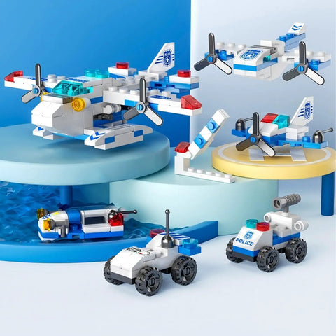 7 In 1 Transformable Airplane Building Blocks Set For Kids Ages 6 To 12, 137 PCS STEM Construction Kit displayed assembled as planes and vehicles.