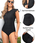 Black Zip Front One Piece Swimsuit With Rash Guard Short Sleeve For Women Built In Padded Bra Tummy Control Surfing And Water Sports