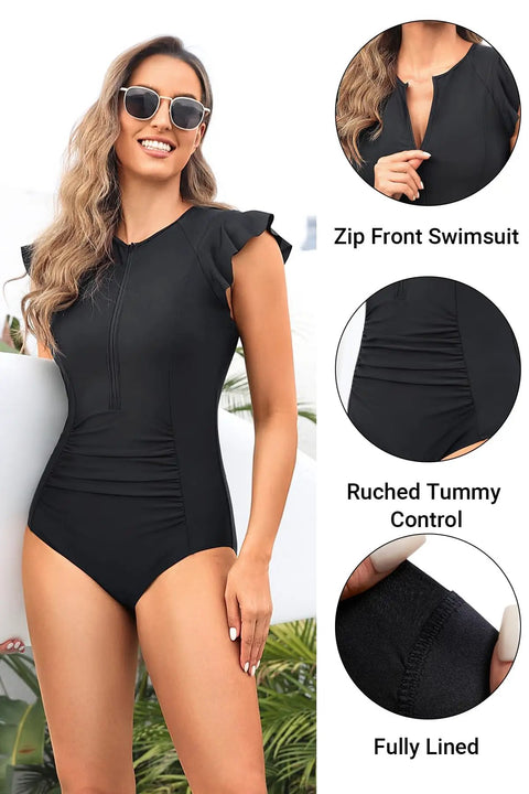 Black Zip Front One Piece Swimsuit With Rash Guard Short Sleeve For Women Built In Padded Bra Tummy Control Surfing And Water Sports