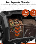 43-Gallon Dual Chamber Compost Tumbler With 360 Degree Rotating Design showing interior chambers with compost and steel frame
