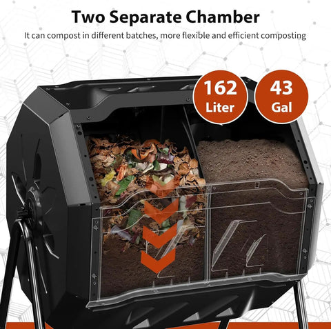 43-Gallon Dual Chamber Compost Tumbler With 360 Degree Rotating Design showing interior chambers with compost and steel frame