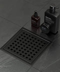 6 Inch Matte Black Square Shower Drain With Removable Flange Quadrato Grid Pattern In 304 Stainless Steel