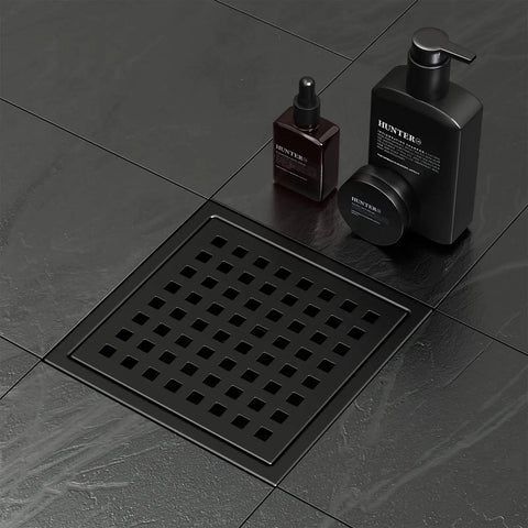 6 Inch Matte Black Square Shower Drain With Removable Flange Quadrato Grid Pattern In 304 Stainless Steel