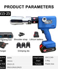 Heavy Duty Electric Tube Pressing Machine With Rechargeable Battery and accessories including charger, crimping dies, and lithium battery.