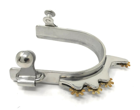 Youth Horizontal Brass Rowel Bumper Spurs With Soft Contact Four Brass Rowels Stainless Three Quarter Inch Wide Band Kid Friendly
