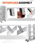 7 In 1 Folding Aluminum Ladder Multi Purpose Extension Scaffold Leaning Stepladder Heavy Duty With EN 131 Standard 12.5 Feet Folds To Compact 40.5 By 11 By 23.5 Inches For Easy Storage And Versatile Height., aluminum ladder folding assembly details