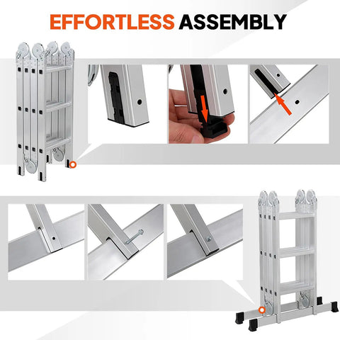 7 In 1 Folding Aluminum Ladder Multi Purpose Extension Scaffold Leaning Stepladder Heavy Duty With EN 131 Standard 12.5 Feet Folds To Compact 40.5 By 11 By 23.5 Inches For Easy Storage And Versatile Height., aluminum ladder folding assembly details