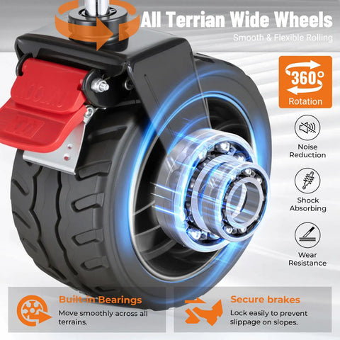 Close-up of all-terrain wheel on Beast Ultra Compact Folding Wagon With All-Terrain Wheels For Beach Trips Grocery Runs Camping And Gardening Heavy Duty 360 Lb Load Capacity Portable Black Cart.