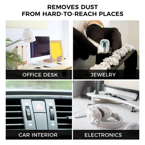 Keyboard Cleaner Air Spray For Computers And Electronics 10oz Can Duster shown cleaning dust from various surfaces like desks and electronics.