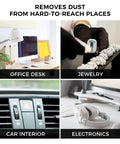 Image showing uses of Powerful Canned Air Duster For Computers And Electronics 10 Oz Keyboard Cleaner for desk, jewelry, car, electronics.