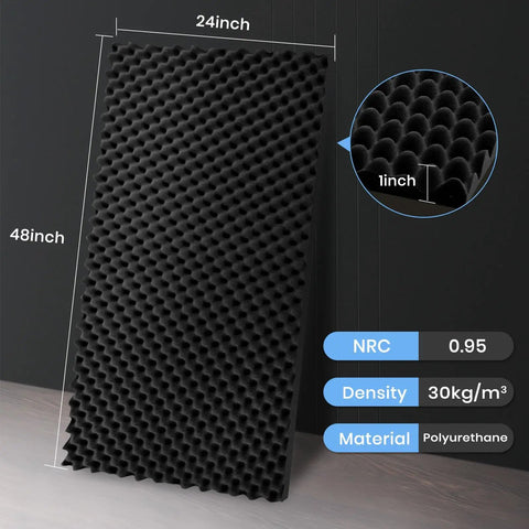 2 Pack High Density Egg Crate Acoustic Foam Panels 48 X 24 Inches Commercial Grade Soundproof Wall Tiles Black with 1 inch thickness.