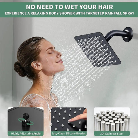 Legit Solid Three Way Matte Black Shower System With Ten Inch Ceiling Rain Head Six Inch Wall Sprayer And Extra Long Handheld Hose For Quick Rinsing And Serious Bathroom Glow Ups