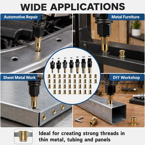Rivet Nut Tool Kit 77 Piece Kit With 70 Rivet Nuts M3 To M12 And 7 Mandrel Adapters For Quick Auto Body Metal Fabrication DIY Projects Pro Grade Durable Metal Construction With Black Oxide Coating Rust Resistant, used on sheet metal