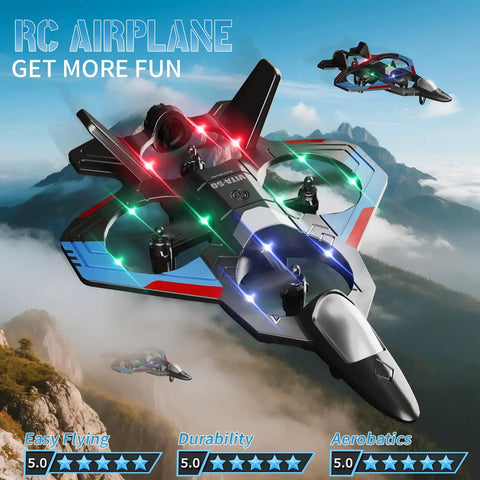 Foam Remote Control Airplane And Jet Helicopter Drone For Kids And Adults LED Lights flying over mountains.