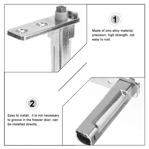 Heavy-Duty Zinc Alloy Refrigerator Door Hinge With Spring-Loaded Self-Closing Function, Tough-As-Nails Silver Pivot shown in detail.